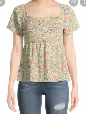 Floral Smocked Square-Neck Flutter Sleeve Top in Pastel Multi